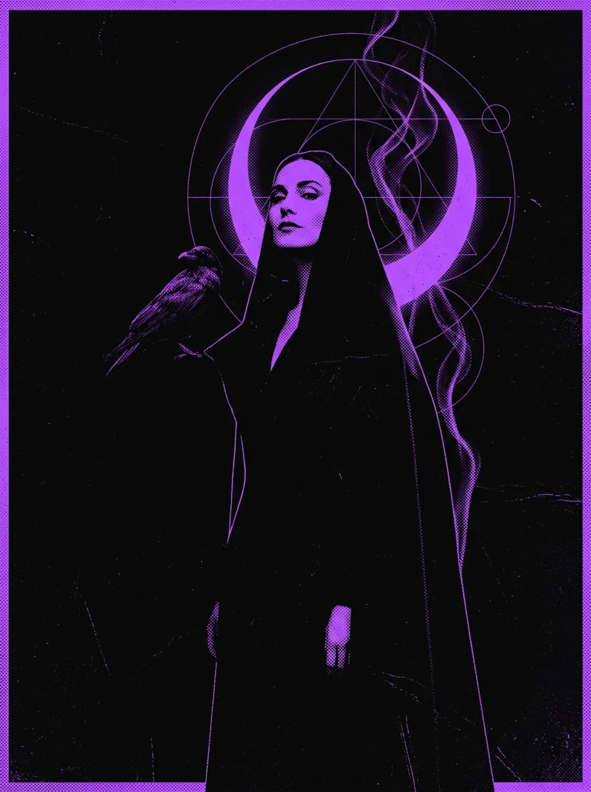 Purple and black screenprint illustration of a serene modern occult witch figure with perched raven, crescent moon, and sacred geometry